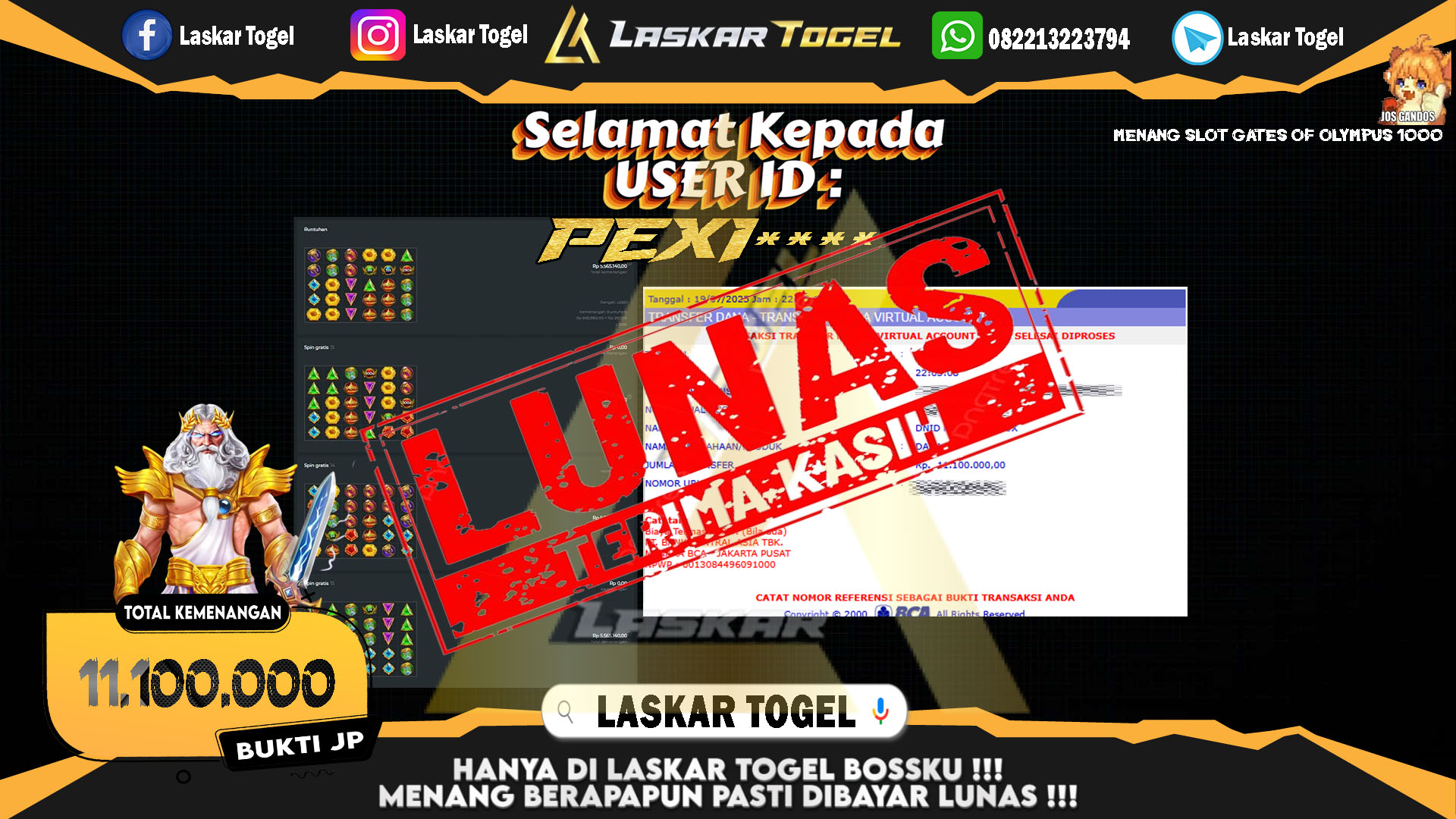 LASKARTOGEL JACKPOT SLOT GATES OF OLMYPUS 1000 Rp.11.100.000.,- LUNAS